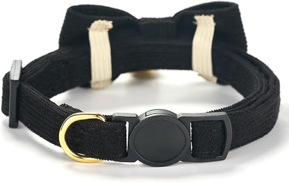 2 Pack Soft Corduroy Cat Collars with Bow Tie & Bell, Adjustable Breakaway Cotton Kitty Bowtie Collar for Male Boy Cats (Black & Brown)