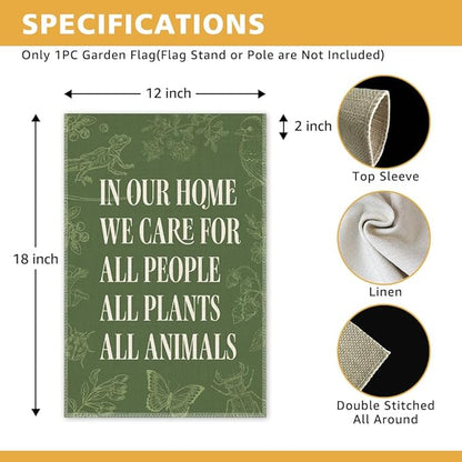 In Our Home We Care for All People Plants Animals Garden Flag, Double Sided Yard Outdoor Farmhouse Lawn Porch Decor Banner, Ally Yard Flag, Inclusive Gifts For Family Friend Plant Animal Lover