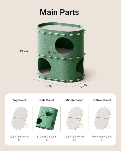 DownyPaws Cat House for Indoor Cats, 2-Storey Foldable Cat Bed Cave, Felt Cats Tunnel Bed Condo, Castle Kitten Cube Hideaway for Multicats, Scratch Resistant, Forest