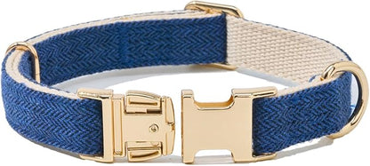 Soft Cotton Hemp Dog Collar with Metal Buckle Adjustable Tweed Dog Collars for Small Medium Large Dogs(Royal Blue,Small)