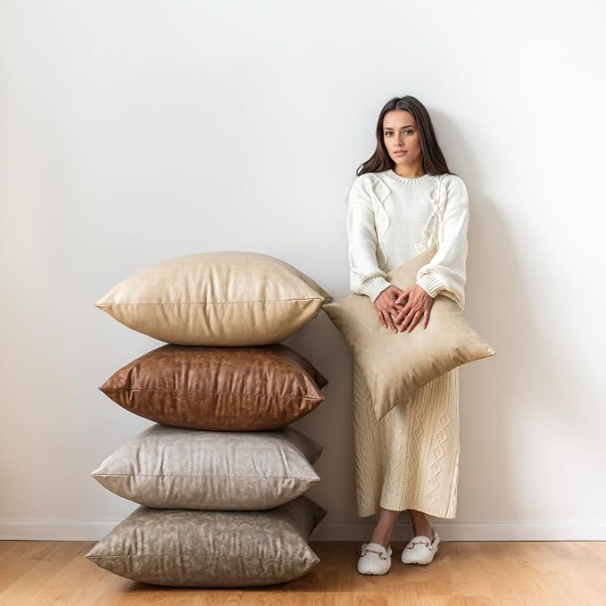 Pack of 4 Oversized Faux Leather Neutral Decorative Throw Pillow Covers 28x28 inch, Soft Modern Boho Luxury Waterproof Floor Cushion Cases, for Outdoor Lounge Sofa Couch Bed Home Deco