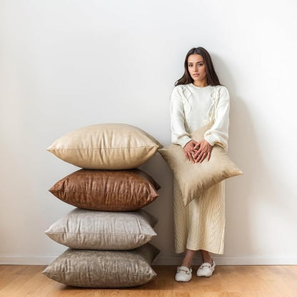 Pack of 2 Leather Throw Pillow Covers, Modern Boho Decorative Thickened Abrasion Luxury Floor Cushion Cover, for Home Decor Sofa Couch Bed Office Cafe Pillow Covers 24x24 Olive Green