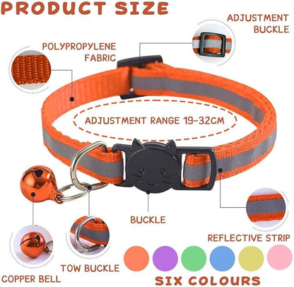 6-Pack Reflective Cat Collars with Bell – Breakaway Safety Nylon Kitten Collars, Adjustable Pet Collars with Charming Bells, Mixed Colors in one Package.
