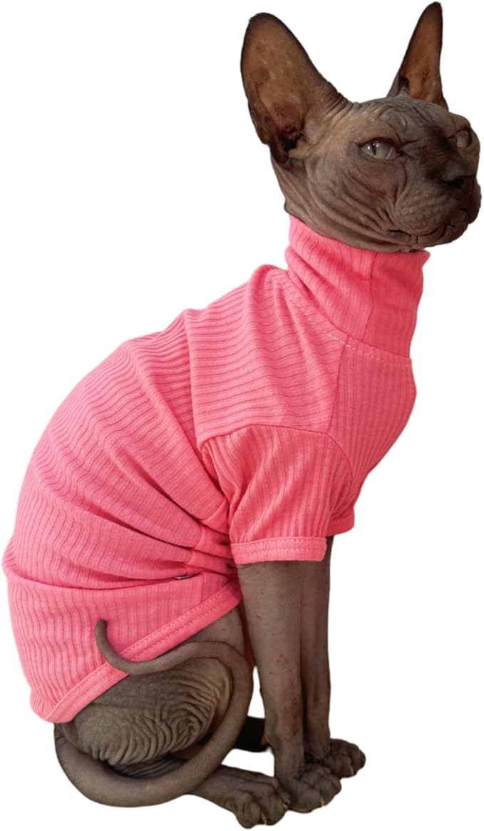 Sphynx Hairless Cats Shirt Cotton Cat Turtleneck Sweater Pullover Kitten T-Shirts with Sleeves Cat Pajamas Jumpsuit for Sphynx Cornish Rex, Devon Rex, Peterbald (Large (Pack of 1), Rosey Pink)