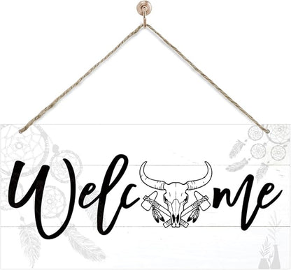 Welcome Sign for Front Door, Welcome Decor Wooden Hanging Sign, Unique Western and Bohemian style Wall Hanging Decor, Funny Wooden Outdoor Front Door Decoration 13.8X6.9 inches