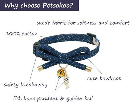 PetSoKoo Cute Bowtie Cat Collar with Bell. Japanese Stylish Bowknot & Fish Charm. Safety Breakaway, Soft, Lightweight, for Girl Boy Male Female Cats Kitten,Navy Blue