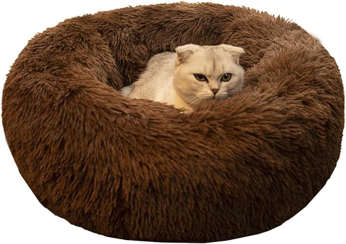 BODISEINT Modern Soft Plush Round Pet Bed for Cats or Small Dogs, Mini Medium Sized Dog Cat Bed Self Warming Autumn Winter Indoor Snooze Sleeping Cozy Kitty Teddy Kennel (20'' D x 8'' H, Chocolate)