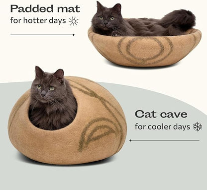 MEOWFIA Cat Cave – Premium Felt Cat Bed for Indoor Cats, Handmade Merino Wool (Beige, Large)