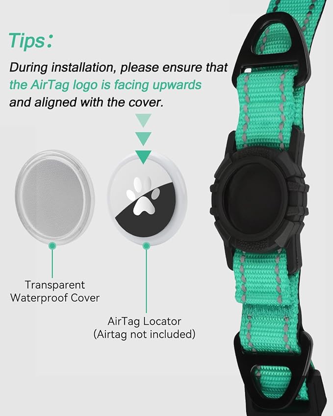 Joytale Airtag Dog Collar, Reflective Pet Collar with Waterproof AirTag Holder, Dual D-Rings, Soft Padded Adjustable for Large Dogs, Teal, L