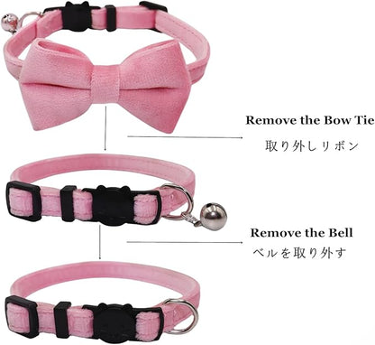 Cat Collar Breakaway with Bell and Removable Bow Tie Safety Buckle Velvet Adjustable 7-11 inches for Kitten Cats (Pink)