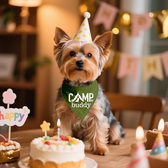 Camp Buddy Green Dog Bandana, Funny Puppy Scarf Photo Prop for Explore Outdoor Adventure Hiking Camping Mountain, Unique Gifts for Dog Lover, for Ranger, Pup Scouts Bandana