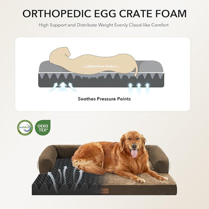 Orthopedic Dog Beds for Large Sized Dogs, Waterproof Egg Crate Foam Large Dog Couch Beds with Comfy Bolster 36x27Inch, Washable Pet Beds with Removable Cover and Nonskid Bottom, Brown