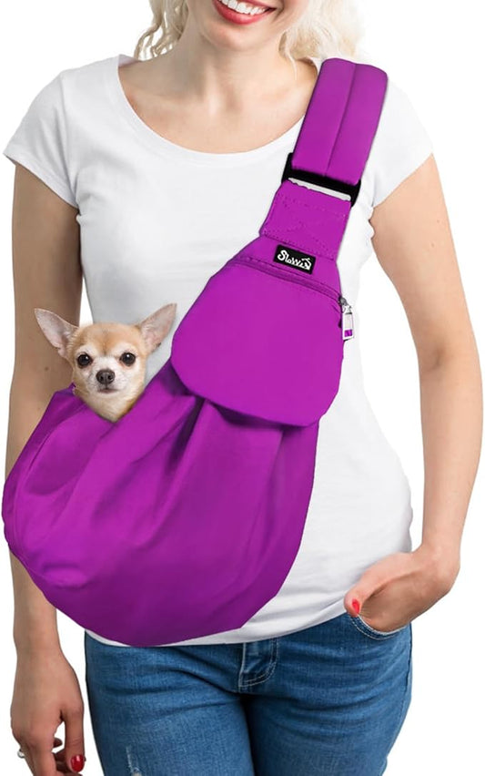 SlowTon Dog Carrier Sling - Thick Padded Shoulder Strap Adjustable Dog Carriers for Small Dogs, Puppy Carrier Purse for Pet Cat with Front Zipper Pocket Safety Belt Machine Washable (Purple S)