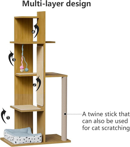 PAKASEPT 65.5" Tall Cat Tree, Multi-Level Modern Cat Tower with Sisal Scratching Posts, Cat Bed, Cat Balls, Freestanding Wooden Cat Activity Center, Cat Tree Tower for Indoor Small Large Cats