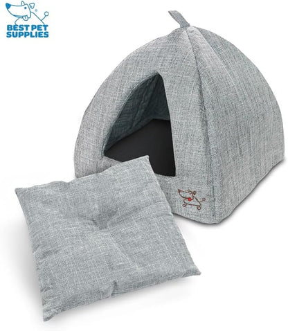 Best Pet Supplies Dog House Bed Crate Mat Tent Indoor Round Soft Plush for Small, Medium, and Large Breeds - Gray Linen, 16" x 16" x H:14"