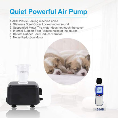 hygger Quiet <30dB Aquarium Air Pump, Adjustable Low Decibel Oxygen Fish Tank Pump 2 Air Outlets Ultra Silent Powerful Aerator Pump with Accessories Max 80GPH/160GPH/255GPH(5W, Up to 150Gallon)