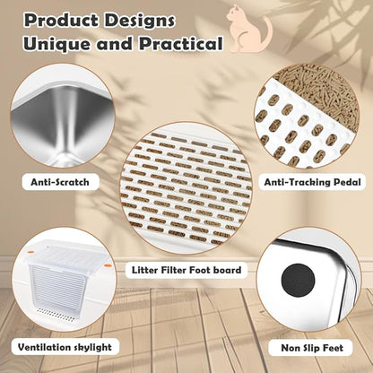 Vivifying Stainless Steel Litter Box with Lid, XL Side Entry Extra Large Litter Box for Big Cats & Kitty, Removable Enclosed Metal Cat Pan with High Sided Enclosure, Scoop, Mat, Footboard (Beige)
