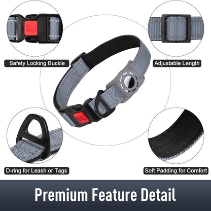 Airtag Dog Collar with AirTag Holder for Large Dogs, Reflective, Soft Padded & Safety Locking Buckle, Nylon Pet Collars Adjustable for All Breeds, Grey,L