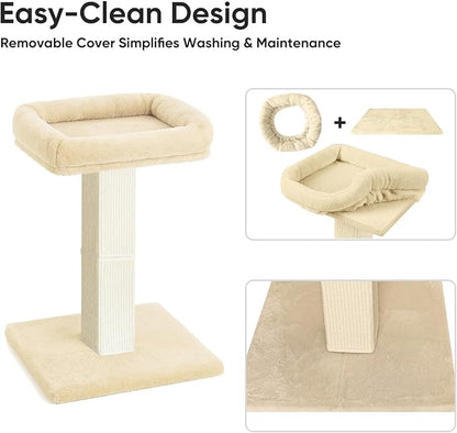 AGYM Cat Scratching Post, 32”Cat Scratcher with Large Plush Perch, Sisal & Carpet Scratching Post, Vertical Posts with Elevated Bed for Indoor Cats, Removable& Washable Cover, Beige