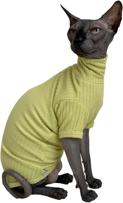 Sphynx Cats Shirt Cat Turtleneck Cotton Sweater Pullover Kitten T-Shirts with Sleeves Cat Pajamas Jumpsuit for Sphynx Cornish Rex, Devon Rex, Peterbald (XX-Large (Pack of 1), Green Yellow)