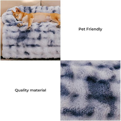FUNNY FUZZY Pet Fluffy Fuzzy Calming Dog Couch Bed Sofa Protector Washable Pets Mat for Large Medium Small Dogs and Cats (Tie-dye Blue, 37"×31"×5.5")