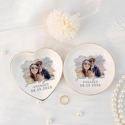Personalized Couple Portrait Photo Ring Dish Engagement Gift, Ring Holder Dish Wedding Gift, Trinket Dish for Bride Wife, Jewelry Tray Gifts for Newly Engaged Couple Anniversary