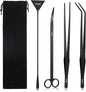 Segarty Longer Aquarium Aquascaping Tools, 4 in 1 Stainless Steel Black Aquarium Tools Kit for Aquatic Plant Fish Tank, Long Scraper Spatula Feeding Tweezers Curved Scissors Anti Rust Aquascape Set