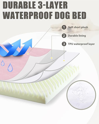 Orthopedic Dog Beds Large Sized Dog Waterproof Pet Kennel Pad with Removable Washable Cover and Non-Slip Bottom, 35x23 Inch, Pink