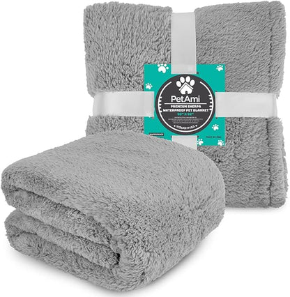 PetAmi Fluffy Waterproof Dog Blanket for Bed Large Dogs, Soft Warm Pet Sherpa Throw Pee Proof Couch Cover, Reversible Cat Blanket Sofa Crate Kennel Protector, Washable Mat Queen (Light Grey, 90x90)