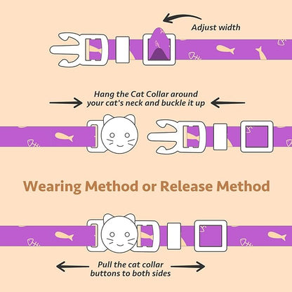 2 Pack Cotton Breakaway Cat Collar Orange and Purple Fish Pendant Cute Kitten Cat Collar with Bell