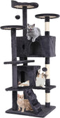 Large Cat Tree with Scratching Post, 54in, Wooden Frame, Sisal Ropes, 3 Platforms, 2 Hanging Balls, 2 Cushions, Light Gray