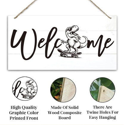 Welcome Sign for Front Door, Welcome Decor Wooden Hanging Sign, Fun and Trendy Dinosaur Wall Hanging Decor, Funny Wooden Outdoor Front Door Decoration 13.8X6.9 inches