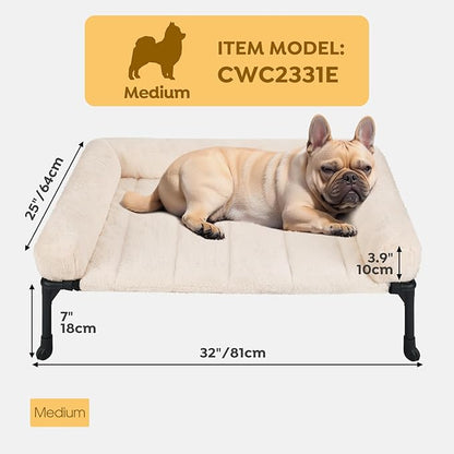 Veehoo Orthopedic Elevated Dog Bed with Fluffy Plush Bolster Cushion, Indoor Raised Dog Beds for Large Dogs, Soft Pet Sofa Cot with Removable Washable Mat, No-Slip Feet, 32 x 25 inches, Cream White