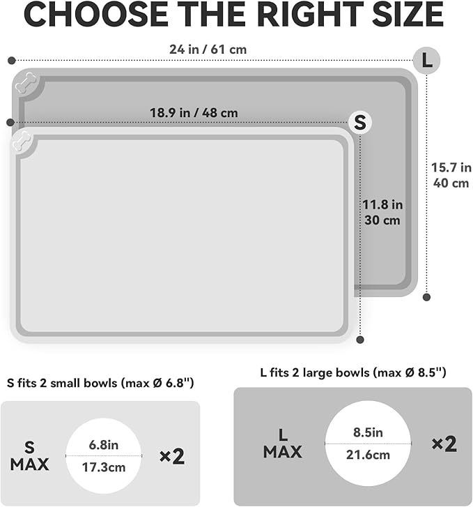 VIVAGLORY Dog Food Mat Flexmat Dog Bowl Mat, Placemat Food Tray with Raised Edges & Lip for Indoor Floor, Non Slip Waterproof Silicone Dish Placemat for Cat & Pet, L, Light Grey