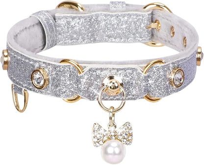 PetsHome Cat Collar, Dog Collar, [Bling Rhinestones] PU Leather Adjustable Pet Collar with Luxury Pendant for Cat and Small Dog Extra Small Silvery