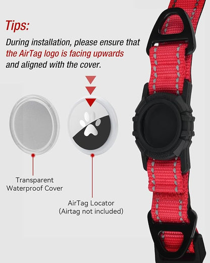 Joytale Airtag Dog Collar, Reflective Pet Collar with Waterproof AirTag Holder, Dual D-Rings, Soft Padded Adjustable for Large Dogs, Red, L
