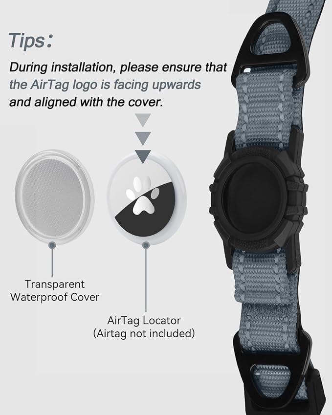 Joytale Airtag Dog Collar, Reflective Pet Collar with Waterproof AirTag Holder, Dual D-Rings, Soft Padded Adjustable for Medium Dogs, Gray, M
