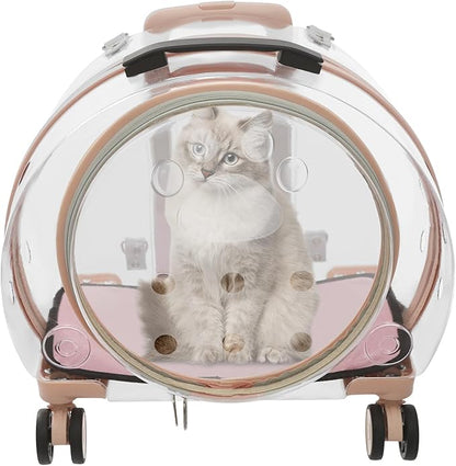 Transparent & Fully Breathable Hard Cat Carrier with Rolling Wheels, Multiple Carrying Carrier for Cats, Dogs, Or Bunnies for Traveling, Taking a Walk, Applicable Weighing up to 19.84lbs (Pink,Clear)