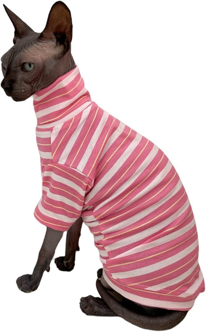 Vintage Stripes Sphynx Hairless Cats Shirt Cotton Cat Turtleneck Pet Clothes Kitten T-Shirts with Sleeves for Sphynx Cats (Sakura, X-Large)