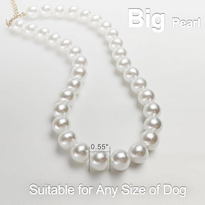 Chunky Pearl Dog Collar Large Breed (0.55 Inch), Adjustable Dog Necklace, Beaded Dog Collar Imitation White Pearls, Elegant Dog Jewelry Suit for Medium Large Dog 18.9"-21.4" Inner Circumference