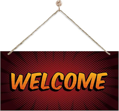 Welcome Sign for Front Door, Front Door Wooden Hanging Sign, Comic Style Welcome Hanging Signs for Wall Decor, Rustic Funny Wooden Playroom Wall Decoration 13.8X6.9 inches