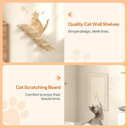 HOOBRO Wood Cat Wall Shelves, Set of 5 Modern Cat Wall Furniture with Corridor, Plush Hammock, Steps, Scratcher and Climbing Shelves for Playing, Sturdy, Durable and Safe, Natural NL45CS03