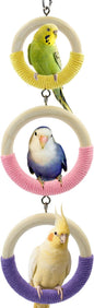 3-Ring Bird Swing Toy, Wrapped with Cotton Rope for Parrots Soft Grip, Thick Wood Parakeet Swing Perch for Cage, Hanging Climbing Bird Toys for 2-3 Parrots Budgies, Lovebirds, Cockatiels