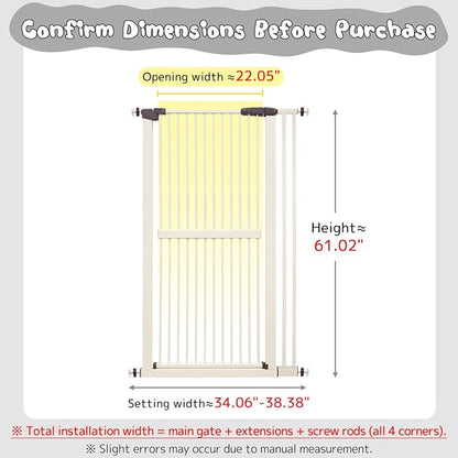 Lumizone Extra Tall Cat Gate 61.02" High Pressure Mounted Extra Wide 34.06"-38.38" (17Sizes) 1.37" Gap No Drilling Auto-Close Tall Pet Gate for Dogs (Cream, 34.06"-38.38" W)