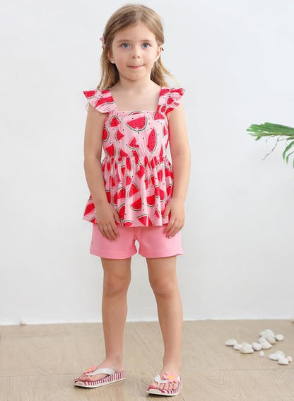 Toddler Baby Girls Summer Clothes Outfits Ruffled Sleeve Dinosaur Shirt Leopard Tops and Shorts Pants Sets 2PCS