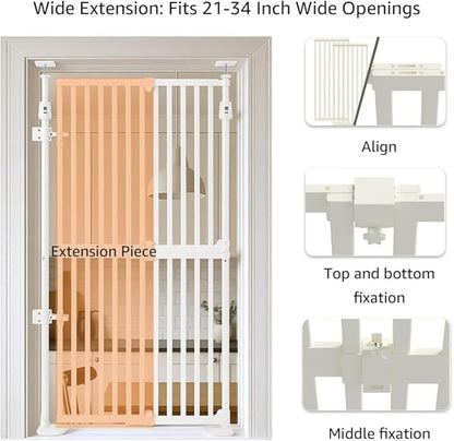 unipaws 57" H Cat Gate for Stairs, Fit for 21"-34" Wide Narrow Sapce, Auto Closing and No Drilling Cat Safety Gate, Cat Dog Proof, Indoor Use, White