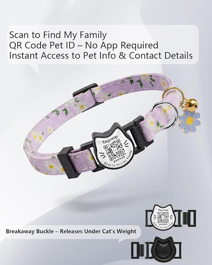 Cute Floral Breakaway Cat Collar with QR Code ID Tag, Soft Cotton Adjustable Kitten Collar with Bell, Personalized Scan ID for Cats, Daisy Pattern, Flower Pendant(Purple)