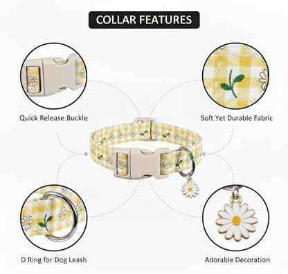 Cute Dog Collar, Yellow Plaid Dog Collar with White Floral Pattern, Spring Summer Design Floral Collar for Girls Boys Small Dogs