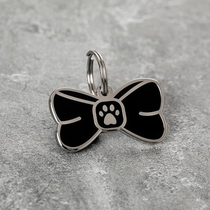 Two Tails Bowtie Pet ID Tag, Personalized Dog Name Tag with Custom Engraving, Stylish Collar Charm for Dogs & Puppies, Durable Brass with Silver Plating, Cute Pet Accessory for Collars & Harnesses