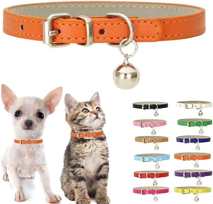 Orange XS Cat Collar with Bell, Soft Pu Leather Dog Collars Adjustable Buckle for XXS Extra Small Medium Tiny Female Male Boys Girls Pets Puppy Kitten Teacup Yorkie X-Small